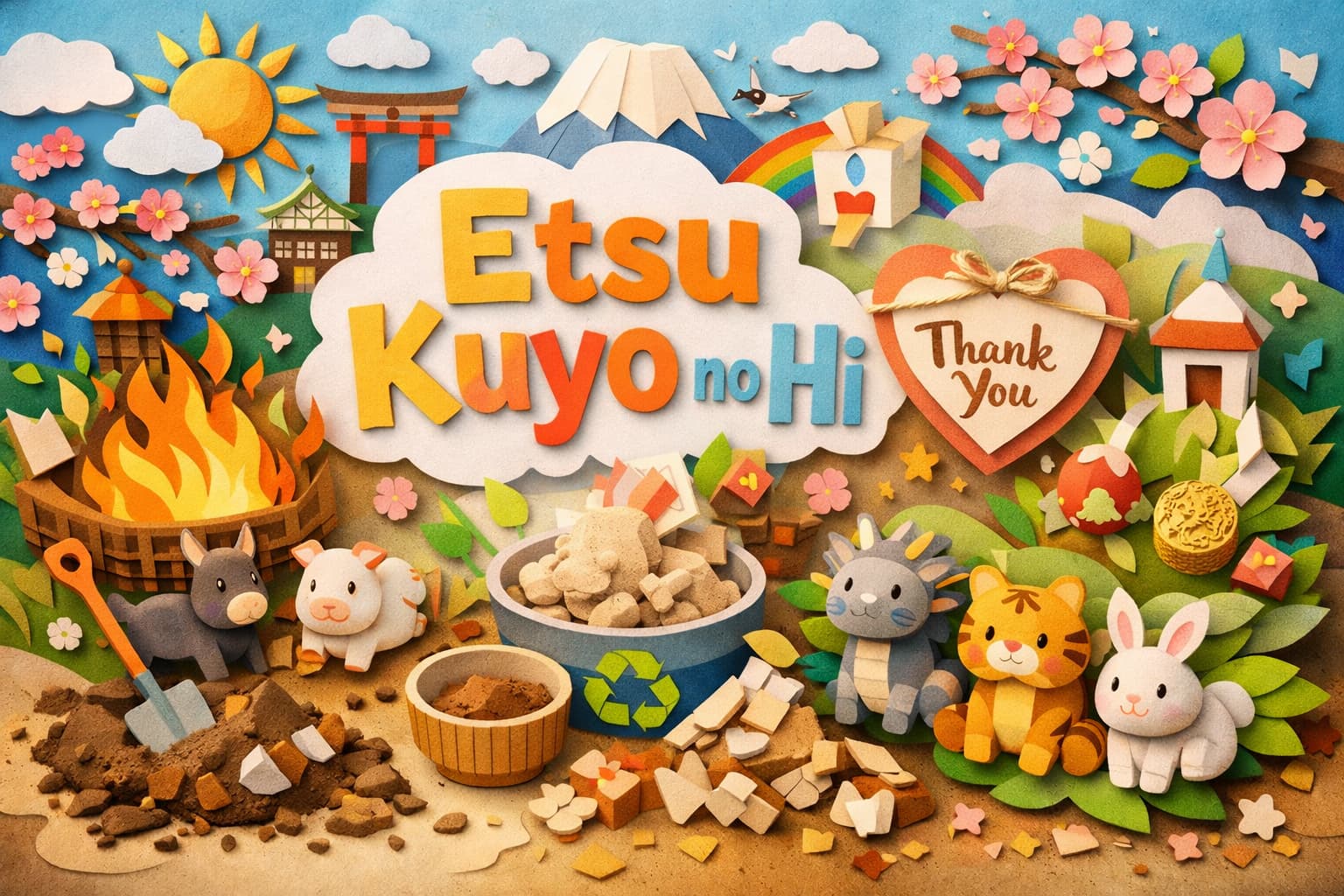 干支供養の日の意味や由来、干支置物への感謝や供養の文化をカラフルなペーパーアートで表現