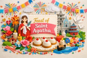 2月5日の聖アガタの祝日を解説し、火災や病から守る守護聖女の生涯と、イタリアや日本での信仰文化を紹介