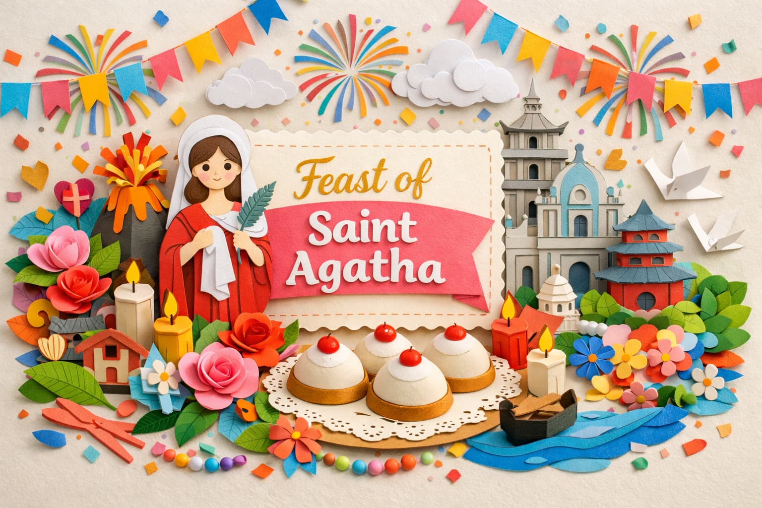 2月5日の聖アガタの祝日を解説し、火災や病から守る守護聖女の生涯と、イタリアや日本での信仰文化を紹介