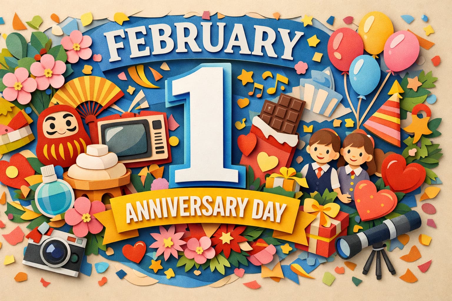 2月1日の記念日（重ね正月・テレビ放送記念日・ニオイの日・ガーナチョコレートの日・2分の1成人式）を象徴するモチーフを集めたカラフルなデザイン
