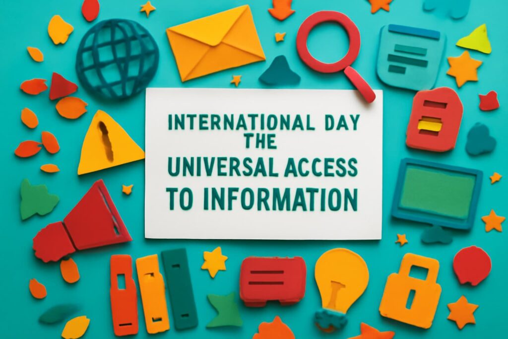「情報へのユニバーサル・アクセスのための国際デー」を祝う、情報格差解消と平等なアクセスの重要性を伝えるカラフルなアート。