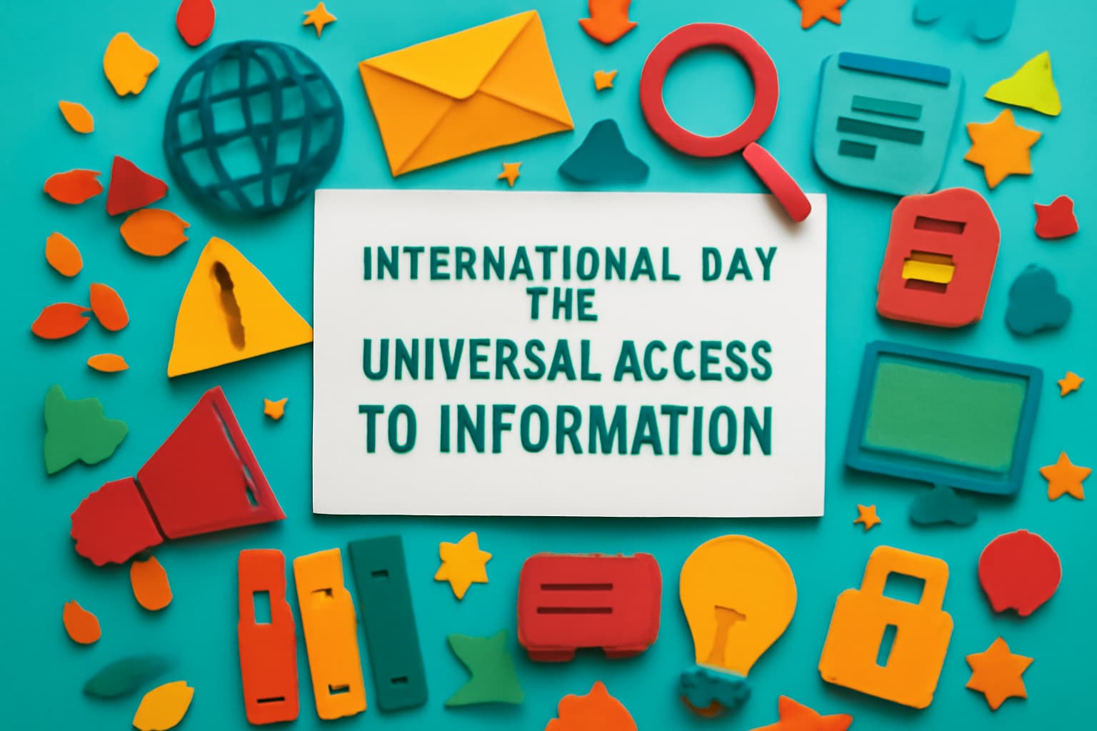 「情報へのユニバーサル・アクセスのための国際デー」を祝う、情報格差解消と平等なアクセスの重要性を伝えるカラフルなアート。