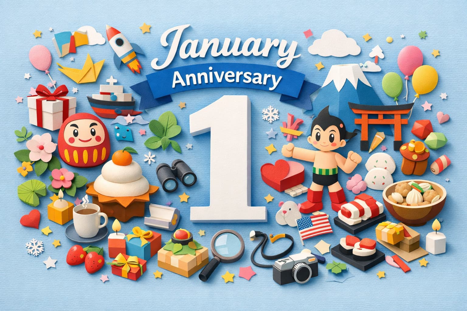 1月の記念日と年中行事を象徴するカラフルなペーパーアートで、元日やお正月文化、1月の多彩な記念日を表現したビジュアル