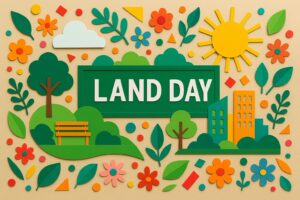 土地の日の意味や由来を伝える都市と自然のカラフルなペーパーアート