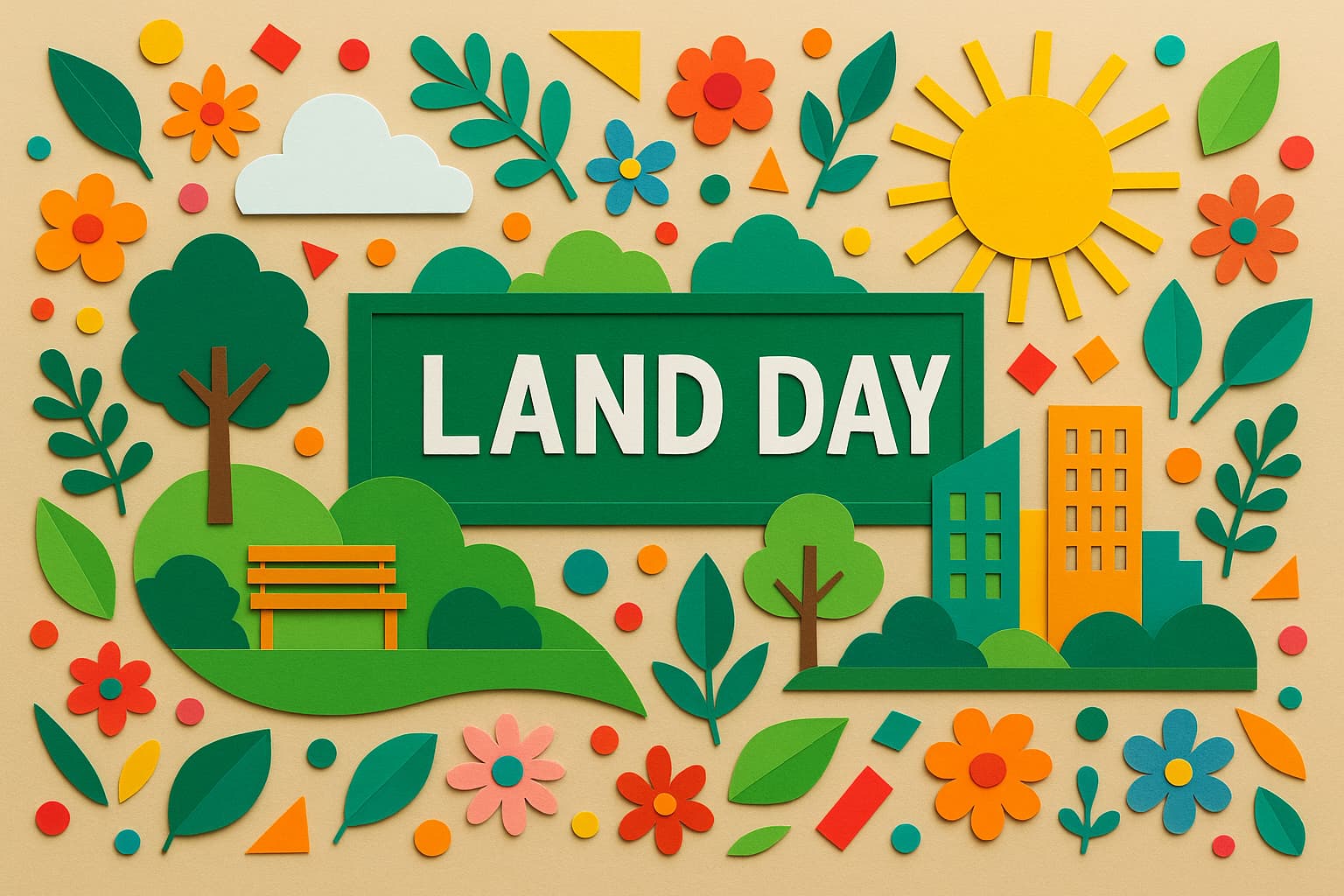 土地の日の意味や由来を伝える都市と自然のカラフルなペーパーアート