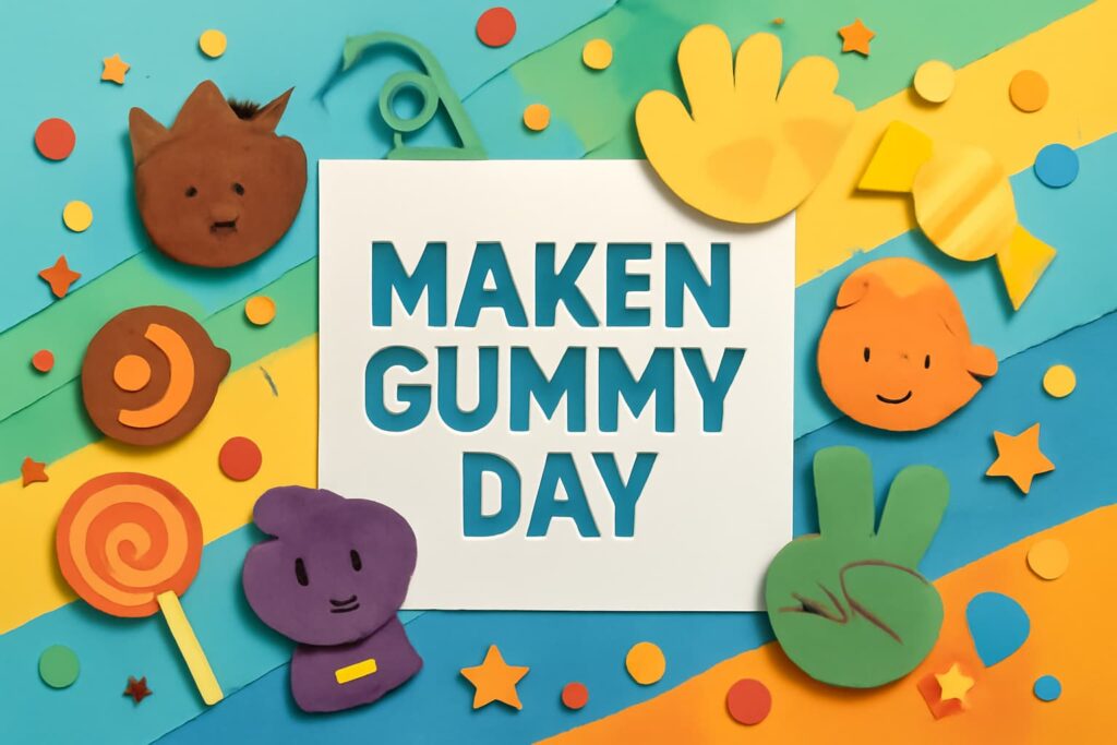 9月28日「まけんグミの日」の由来や魅力を紹介するブログ記事のサムネイル画像。まけんグミの特徴やキャラクター、グミの形を反映したカラフルで楽しいデザイン。