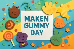 9月28日「まけんグミの日」の由来や魅力を紹介するブログ記事のサムネイル画像。まけんグミの特徴やキャラクター、グミの形を反映したカラフルで楽しいデザイン。