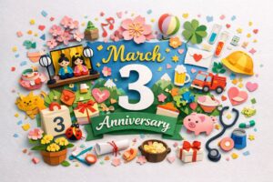 今日は何の日3月の記念日一覧をイメージした、3月の年中行事や暮らしの話題をカラフルなペーパーアートで表現