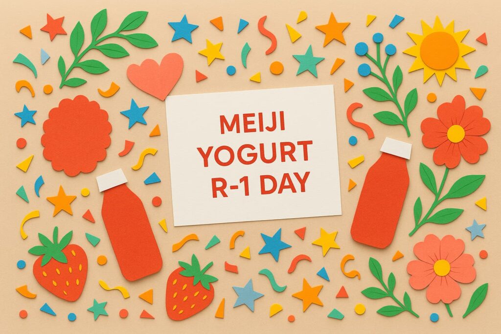 明治ヨーグルトR-1の日に関する記念日や乳酸菌の効果、健康習慣を紹介するカラフルなイメージ