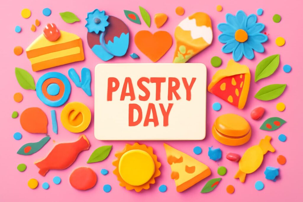 洋菓子の日を祝う、ケーキやお菓子をモチーフにしたカラフルなデザイン