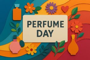 香水の日にちなんだカラフルなペーパーアートと英語の記念日タイトル