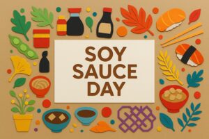 醤油の日を祝う紙アートと醤油や和食モチーフのカラフルな装飾