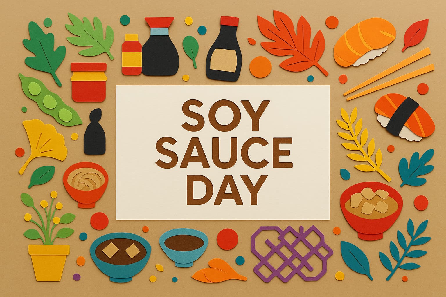 醤油の日を祝う紙アートと醤油や和食モチーフのカラフルな装飾