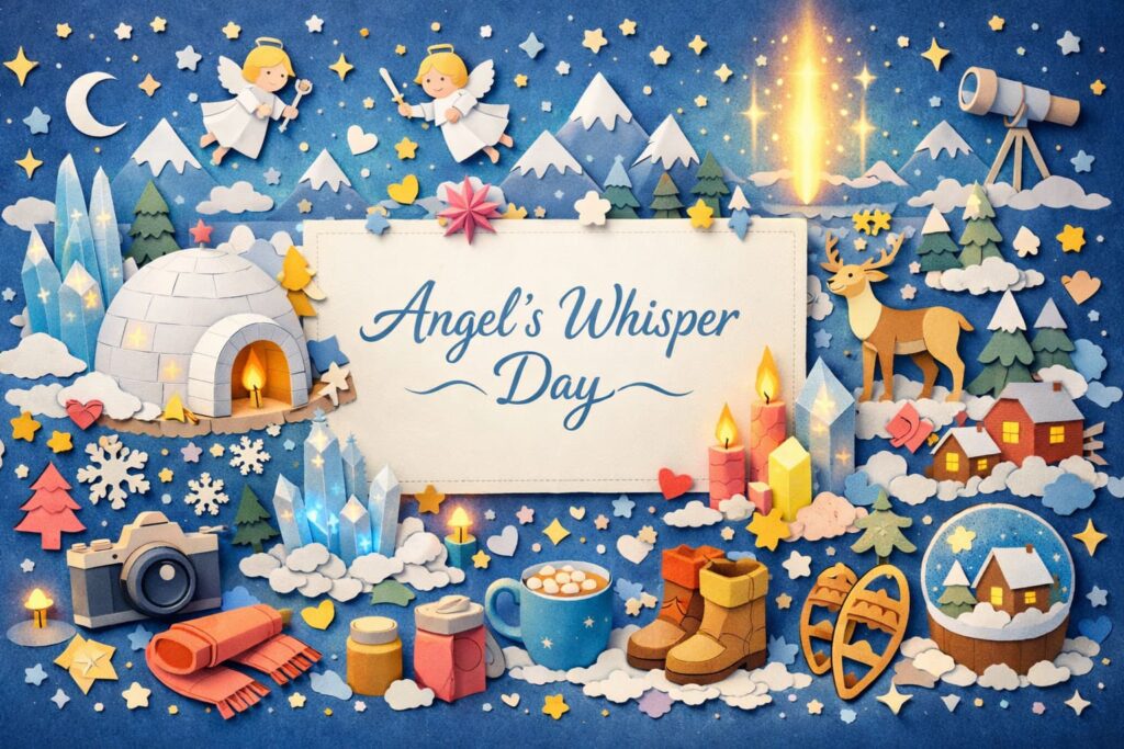 北海道幌加内町の天使の囁き記念日にちなんだダイヤモンドダストと冬の幻想的な風景を描いたイメージ