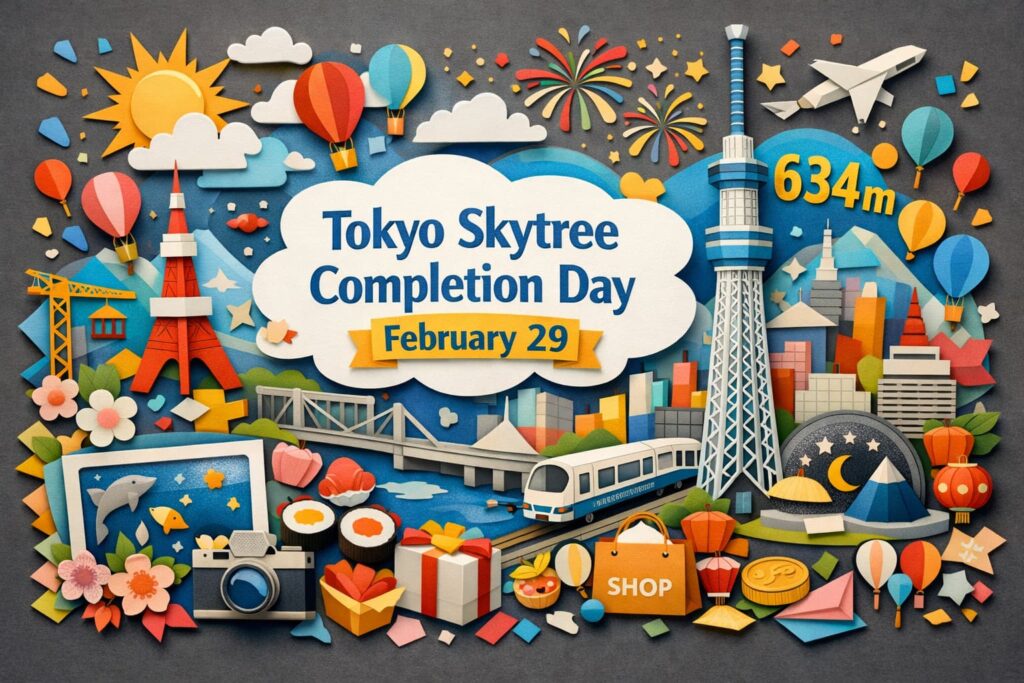 東京スカイツリー完成の日（2月29日 記念日）の概要を、完成日2012年2月29日・竣工式2012年3月2日（66人）・開業2012年5月22日、634m＝むさしの意味、関係企業や施設名まで正確に解説します