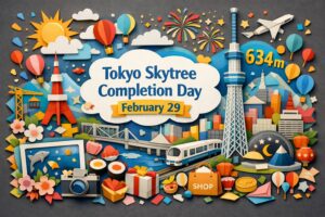 東京スカイツリー完成の日（2月29日 記念日）の概要を、完成日2012年2月29日・竣工式2012年3月2日（66人）・開業2012年5月22日、634m＝むさしの意味、関係企業や施設名まで正確に解説します