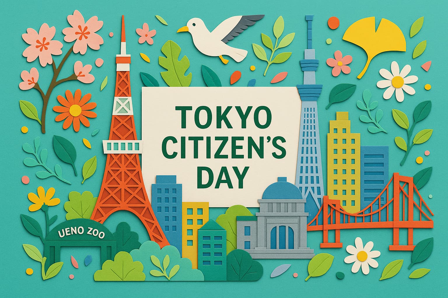東京都民の日に関連する東京の名所や都民文化を象徴するカラフルなペーパーアート