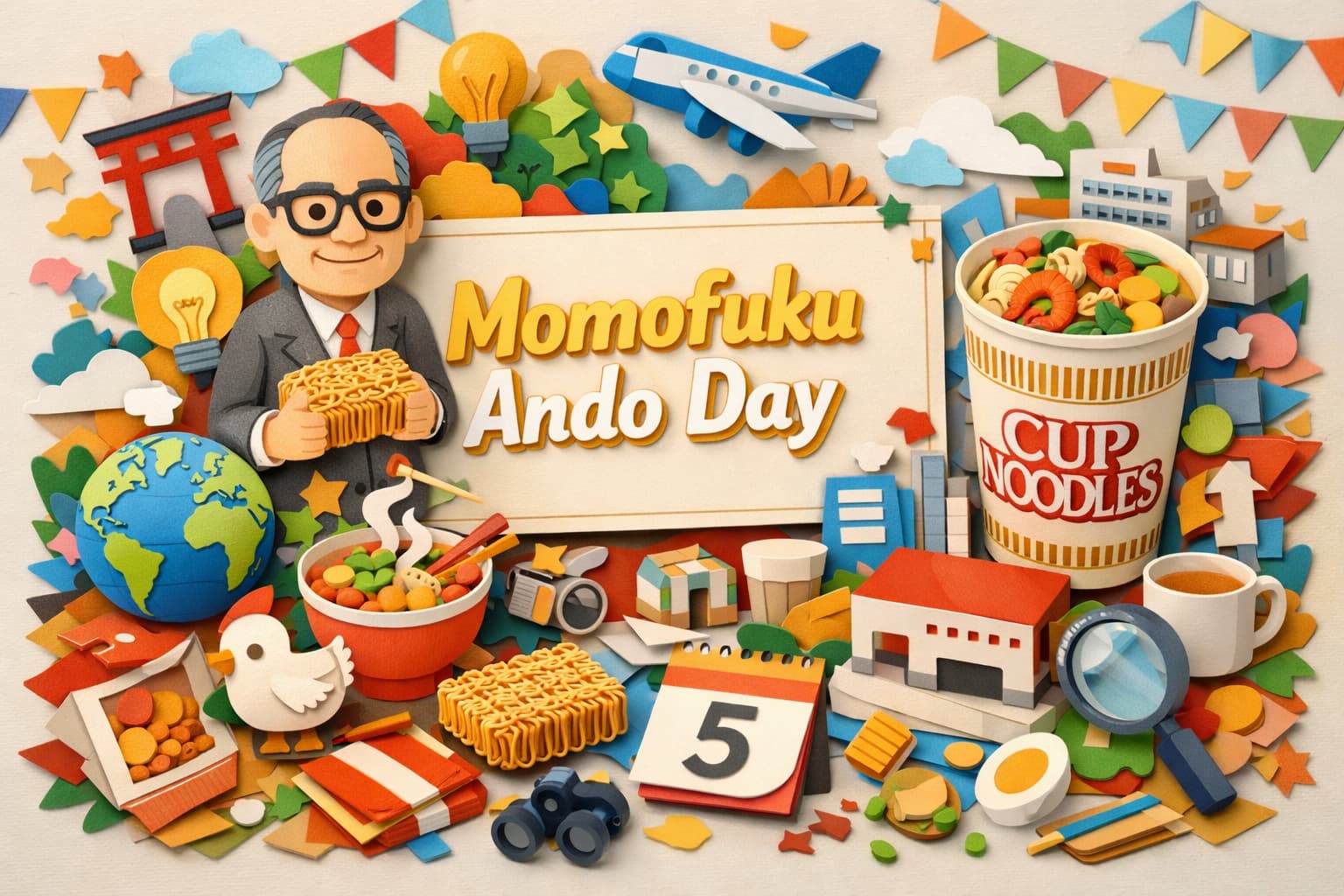 安藤百福の日（3月5日 記念日）の由来と功績を解説。チキンラーメン、カップヌードルの発明、創造力の魅力や関連施設の豆知識も紹介。