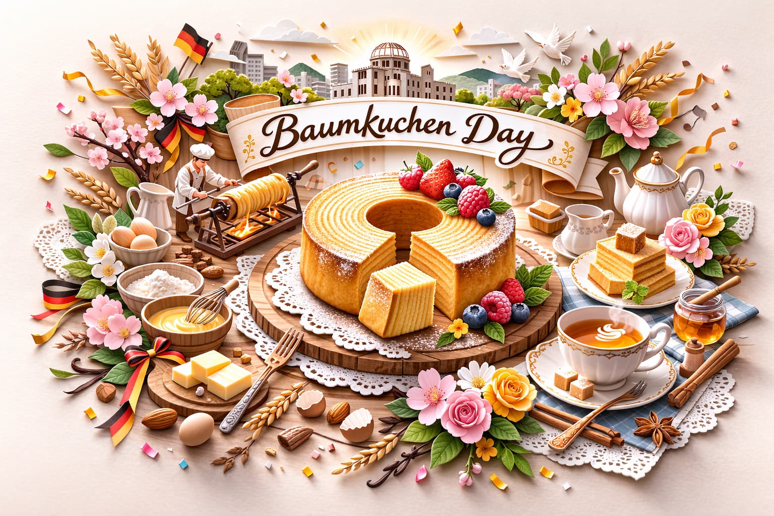 3月4日のバウムクーヘンの日は1919年3月4日に広島でカール・ユーハイムが出品した出来事に由来。制定や豆知識も解説。