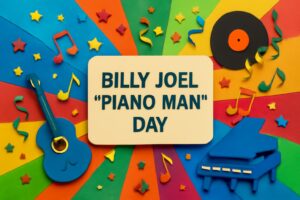 ビリー・ジョエルの「ピアノ・マン」のリリース日を祝う記念日、音楽ファンにとって特別な11月2日を象徴するデザイン。
