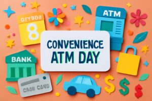 コンビニATMの日の由来と便利さを紹介するブログ記事のサムネイル画像。ATM、キャッシュカード、コンビニなどのアイコンがカラフルに配置されています。