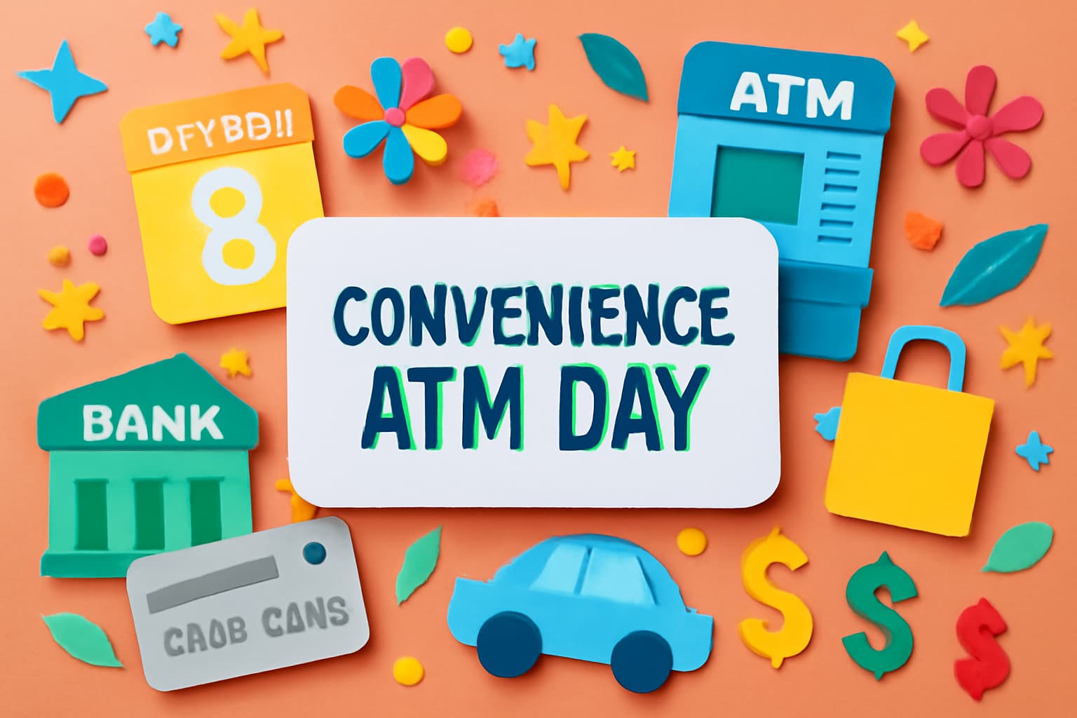 コンビニATMの日の由来と便利さを紹介するブログ記事のサムネイル画像。ATM、キャッシュカード、コンビニなどのアイコンがカラフルに配置されています。