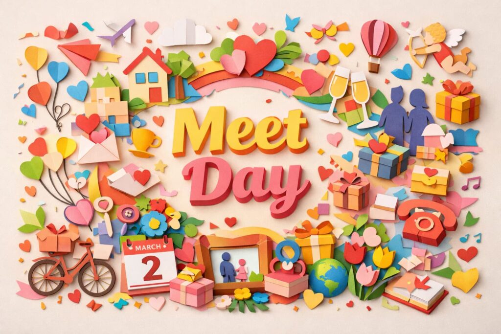 出会いの日（3月2日 記念日）は「ミー（3）ツ（2）＝meets」の語呂が由来です。岡野あつこ氏が制定し、出会いに感謝して友情や愛を育む日です。