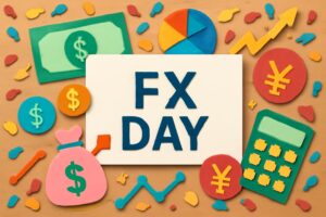 10月8日のFXの日を祝うために、FX取引や為替市場に関連するカラフルなシンボルやグラフ、通貨を使用したアートが特徴的なデザイン。