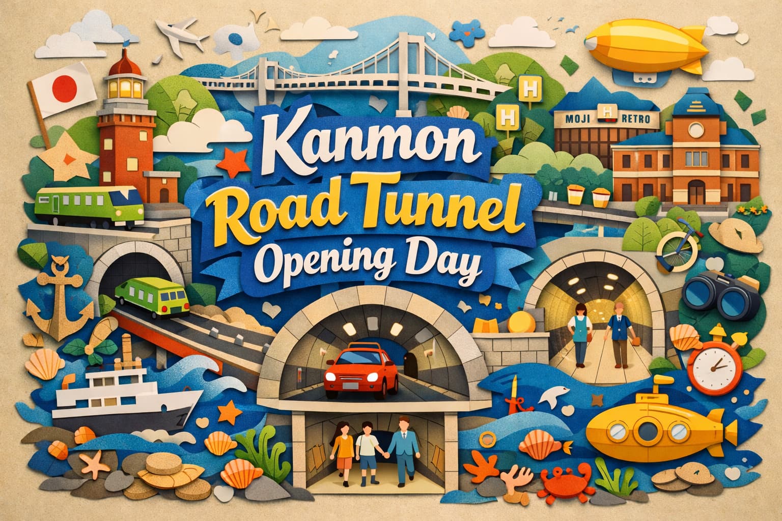 1958年3月9日開通の関門国道トンネルを解説。由来、全長3461m・海底780m、歩ける人道、料金改定まで紹介。