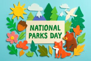 国立公園制定記念日を祝うためのカラフルなデザイン。日本の国立公園と自然環境の重要性を強調。