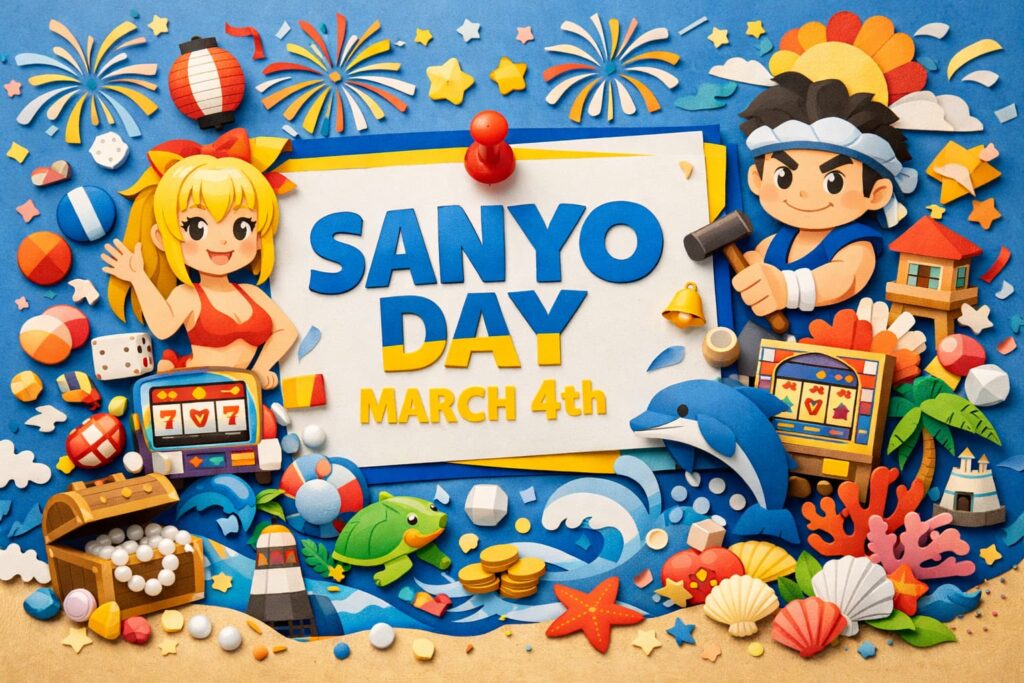3月4日はSAN(3)YO(4)の語呂で制定されたSANYOの日。2023年に認定。三洋物産の歴史や海物語、マリンちゃんも紹介。