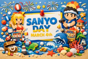 3月4日はSAN(3)YO(4)の語呂で制定されたSANYOの日。2023年に認定。三洋物産の歴史や海物語、マリンちゃんも紹介。