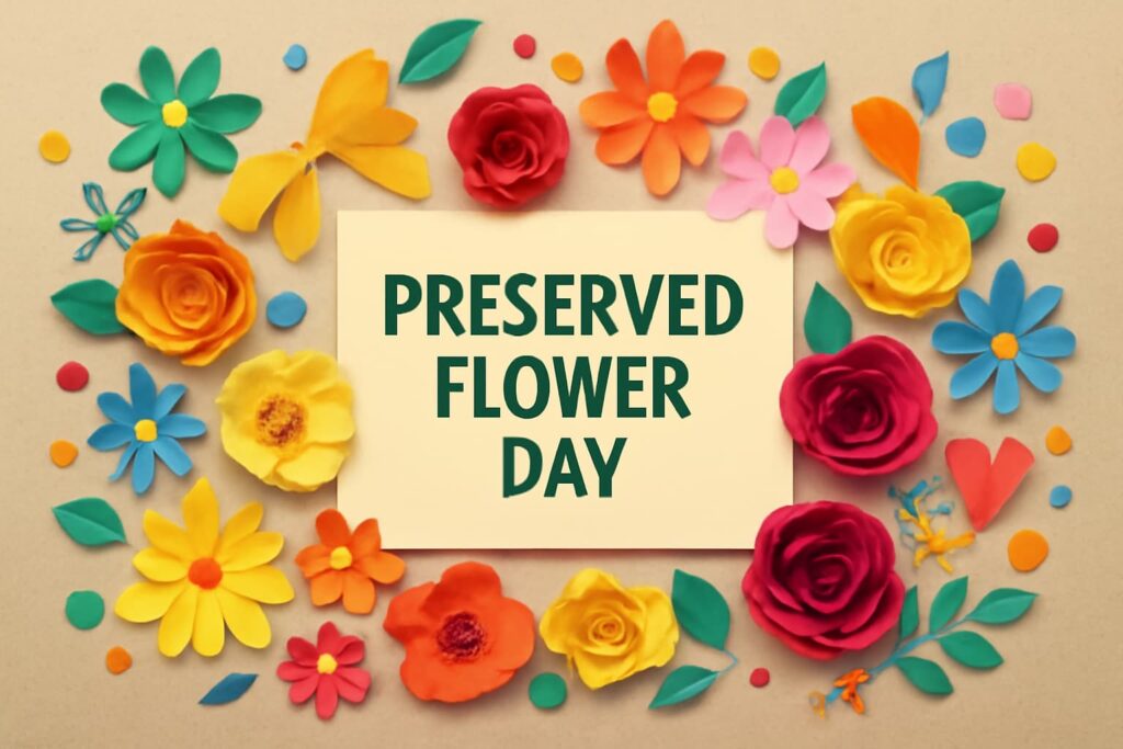 プリザーブドフラワーの日（10月8日）の魅力と由来を紹介する記事のサムネイル。色とりどりの花々が飾られ、プリザーブドフラワーの美しさを表現。