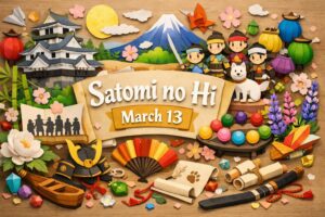 里見の日（3月13日）は「さとみ」の語呂から制定。2024年9月に認定登録され、館山城の八色ライトアップなど八犬伝ゆかりの町づくりが進む。