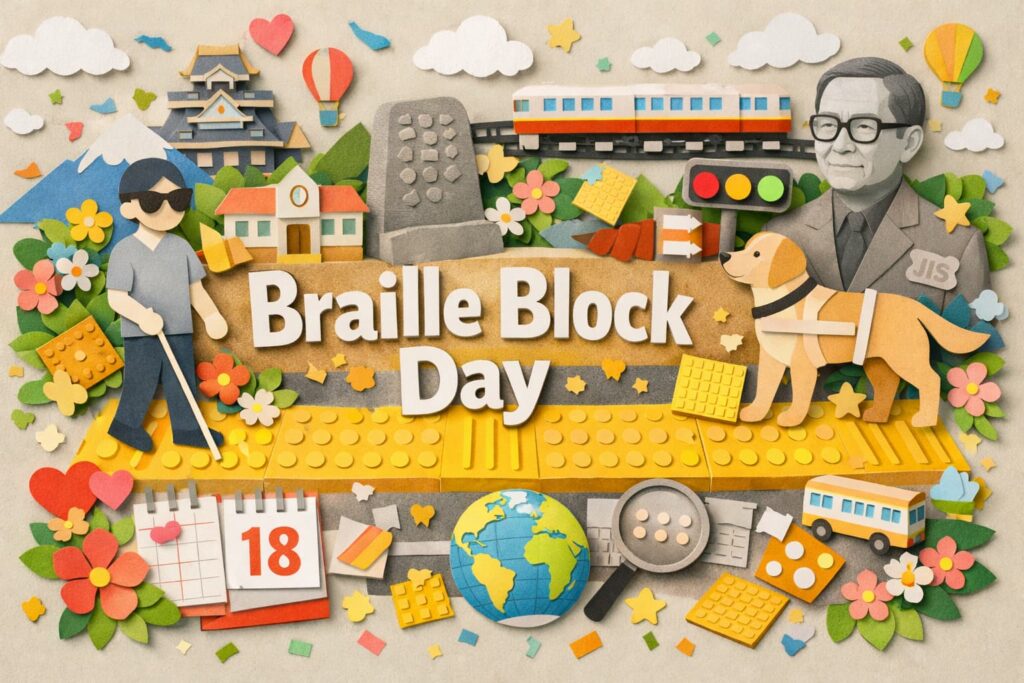点字ブロックの日の由来、世界初の岡山での敷設、三宅精一や岡山県視覚障害者協会との関わり、豆知識をわかりやすく紹介