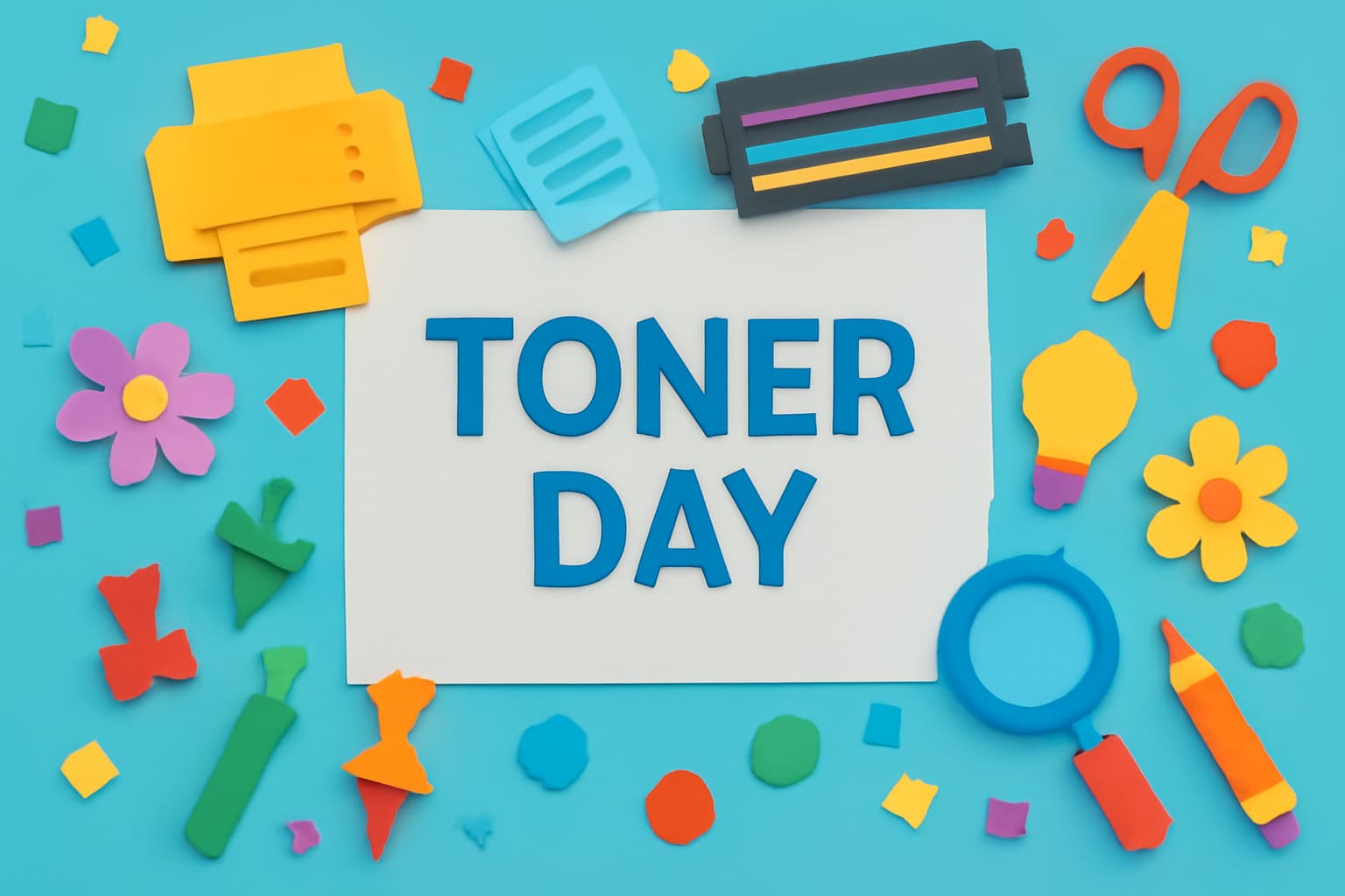 トナーの日（10月7日）の由来や重要性、ケイティケイ株式会社の役割を紹介する記念日関連のカラフルなアート。