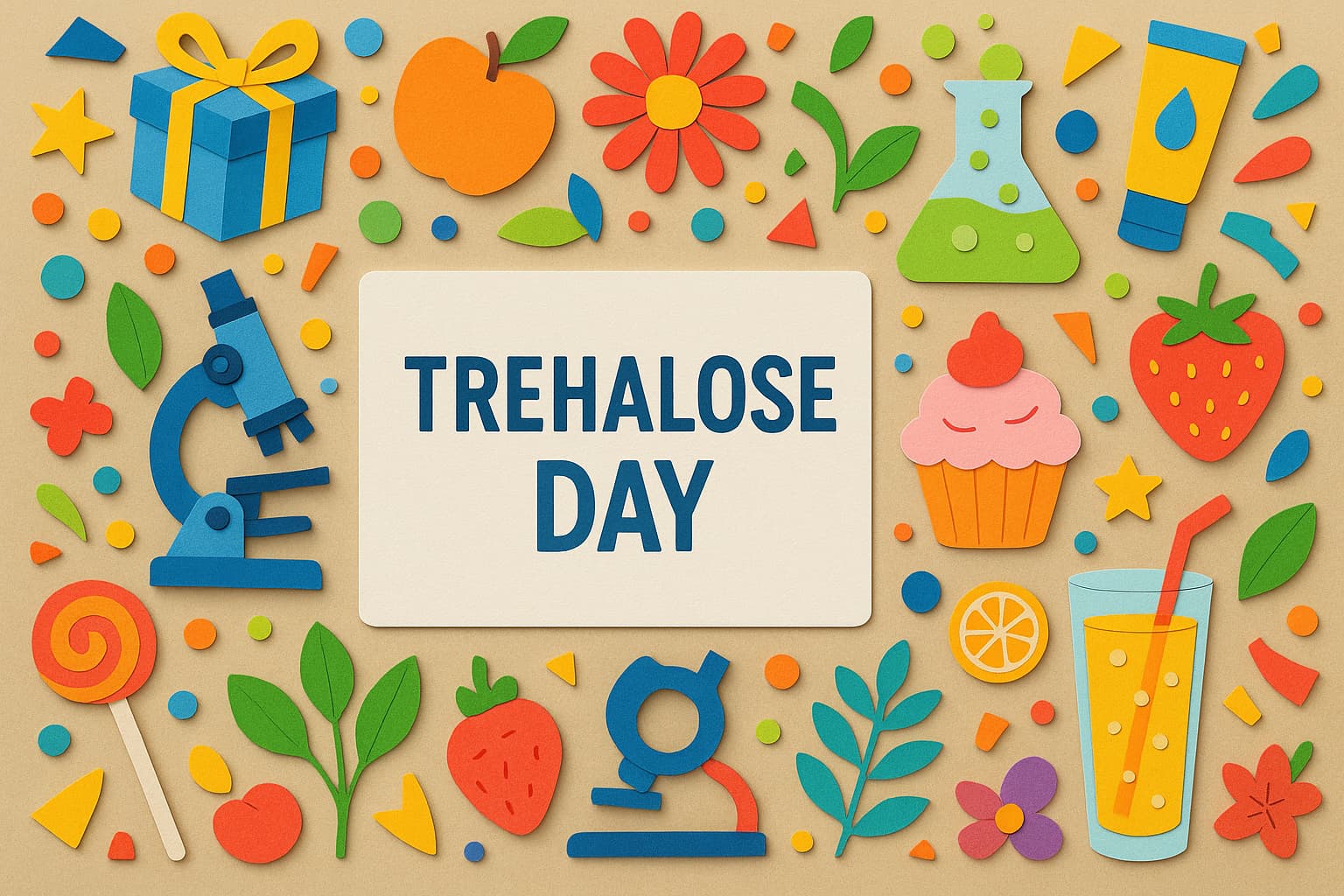 トレハロースの日に関するカラフルなペーパーアートと関連アイテムのイラスト