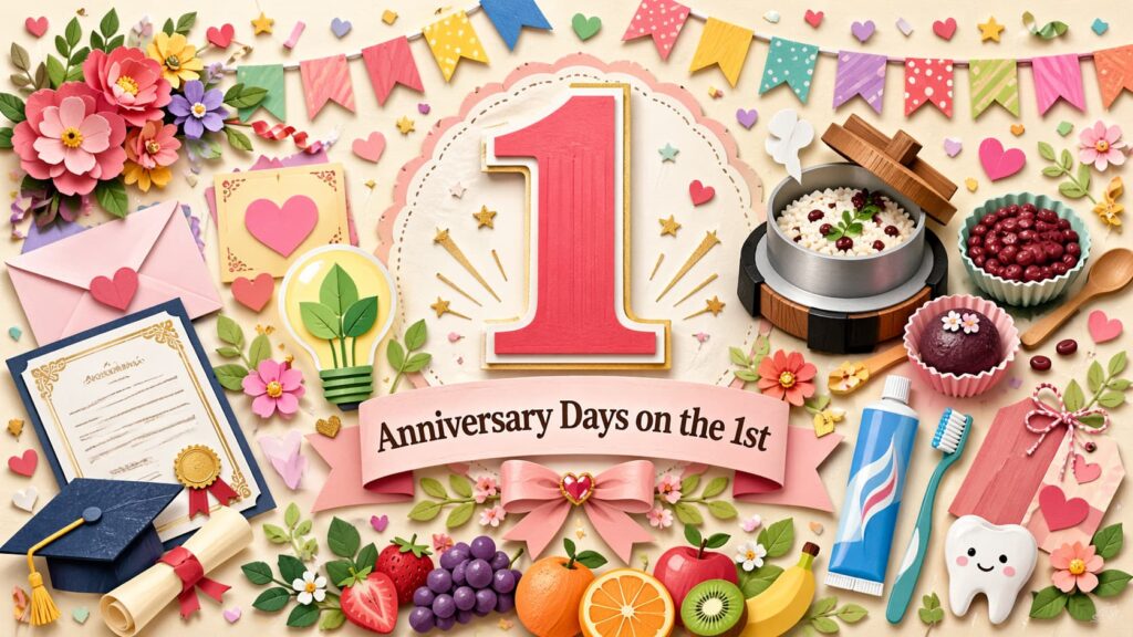 毎月1日は何の日かを知りたい人に向けて、資格チャレンジの日、釜飯の日、あずきの日、省エネルギーの日、Myハミガキの日、もったいないフルーツの日をわかりやすく紹介する記念日記事