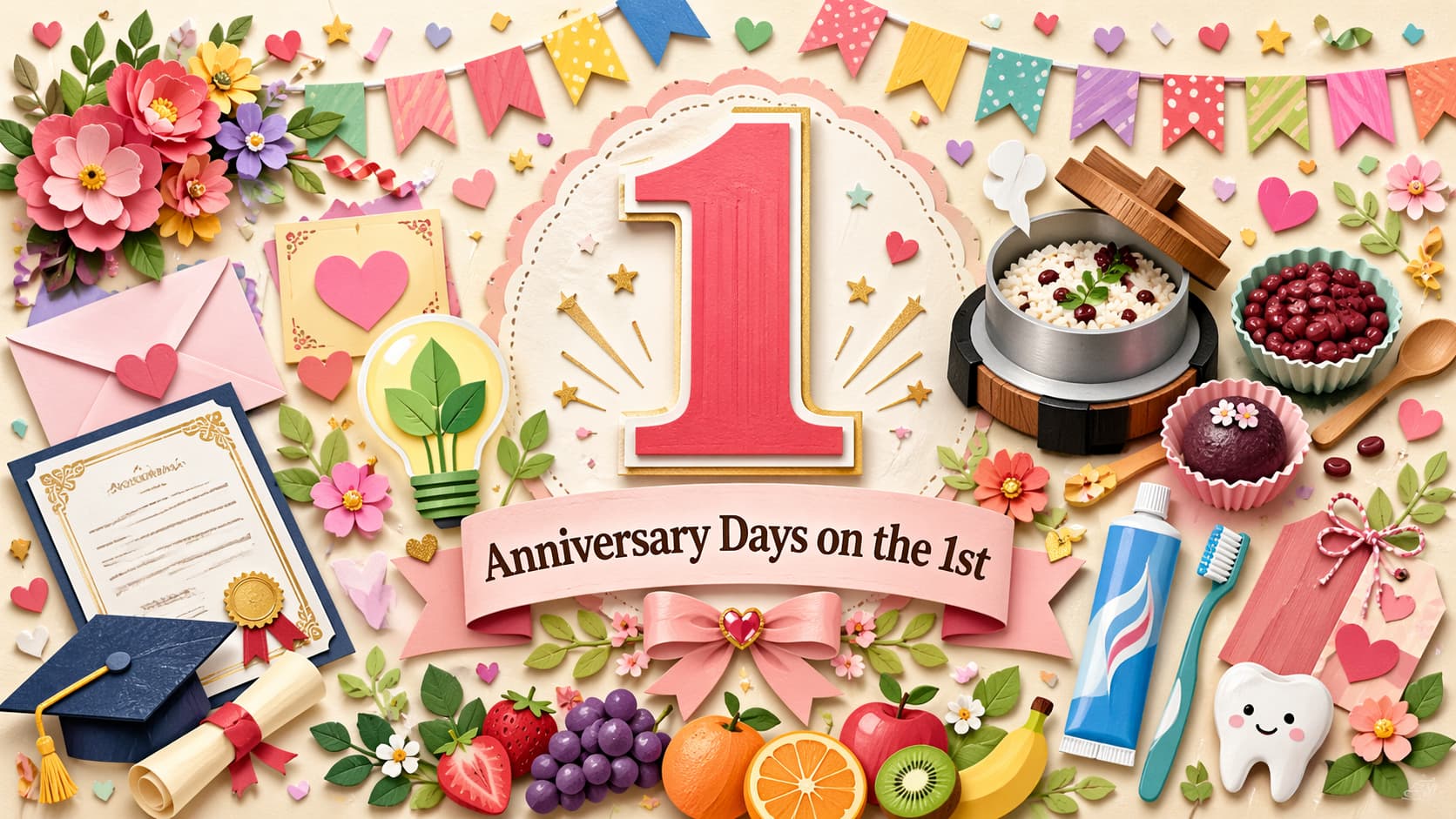 毎月1日は何の日かを知りたい人に向けて、資格チャレンジの日、釜飯の日、あずきの日、省エネルギーの日、Myハミガキの日、もったいないフルーツの日をわかりやすく紹介する記念日記事