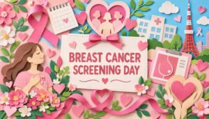 乳がん検診の日の重要性を啓発し、早期発見の大切さを伝えるピンク色のライトアップと花々のデザイン