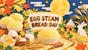 10月1日の「たまご蒸しパンの日」を祝うためのカラフルで魅力的なアート。お月見の季節にぴったりな、ふわふわのたまご蒸しパンをイメージしたデザイン。