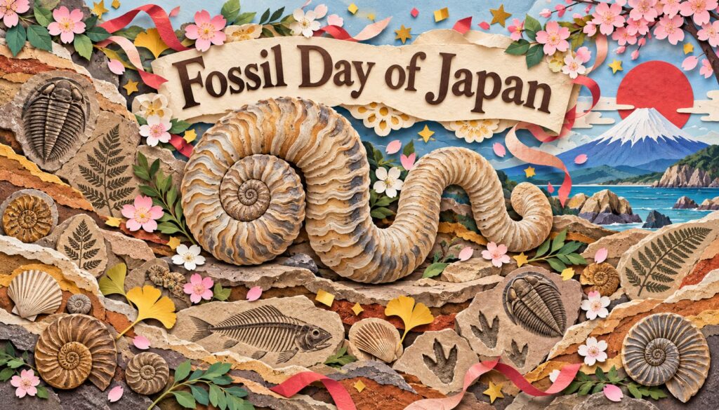 化石の日は10月15日。ニッポニテス・ミラビリスが1904年に新種として発表された日に由来する。日本古生物学会が制定した目的や、独特な巻き方を持つアンモナイトの特徴を解説。