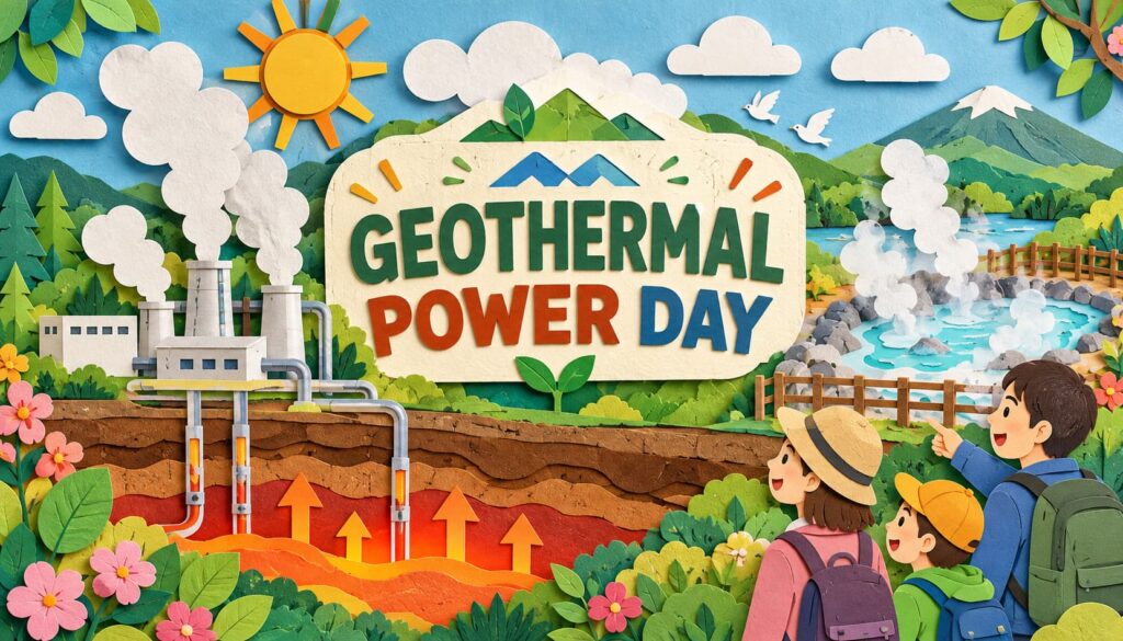 地熱発電の日を象徴するカラフルな火山と地熱発電所のイラスト