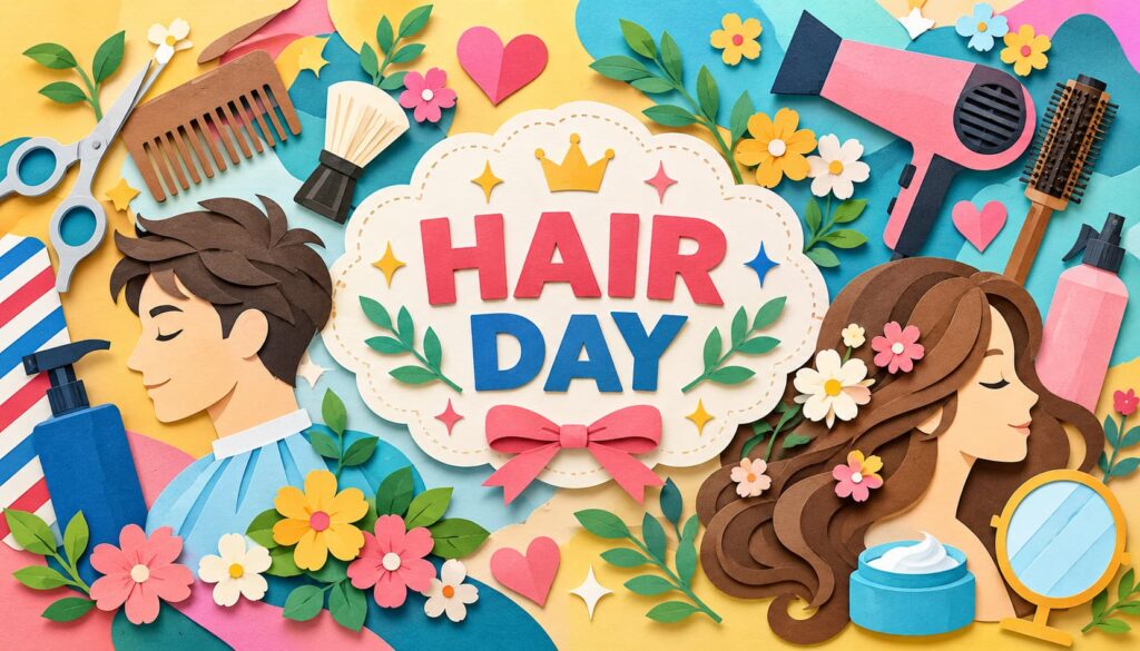 頭髪記念日にちなんだカラフルなヘアアイテムと人物シルエットのペーパーアート